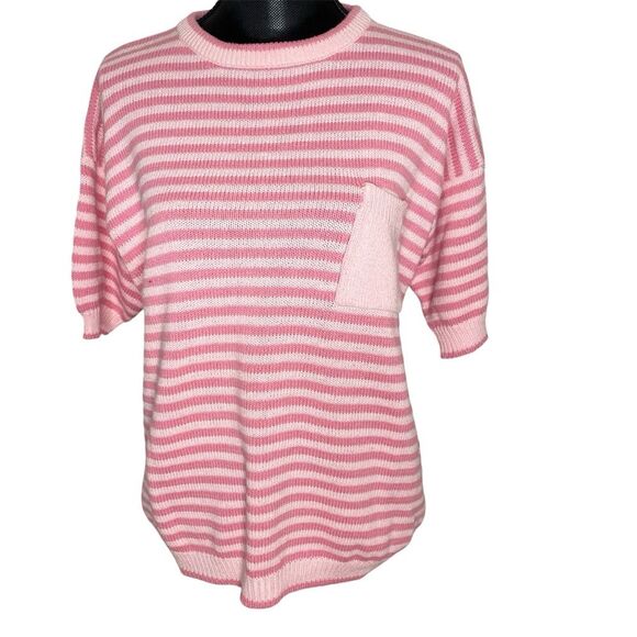Vintage Northern Isles Sweater Short Sleeve Striped Knit Barbie Pink Size Large - Picture 1 of 8